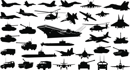 “Comprehensive collection of military vehicle and aircraft silhouettes featuring tanks, jets, helicopters, submarines and warship designs, detailed vector  © Abida