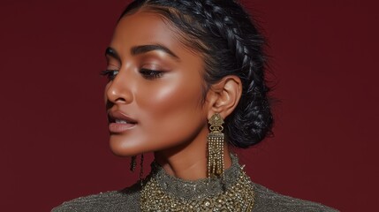 A poised woman displaying an intricate braided hairstyle and ornate jewelry, exuding elegance against a rich, burgundy background.