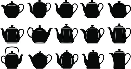 “Elegant teapot silhouette collection showcasing diverse classic, vintage, and modern kettle shapes, ideal for kitchen decor designs, tea-themed artwork, and detailed vector illustrations”