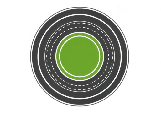 Top-down illustration of a circular road network surrounding a vibrant green central island, symbolizing urban design and ecology.