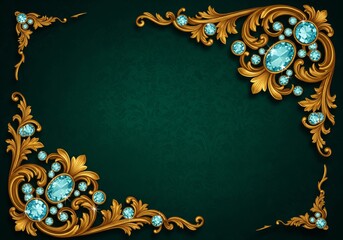 Ornate Golden Filigree Frame with Sparkling Blue Gemstones on Dark Green Textured Background.