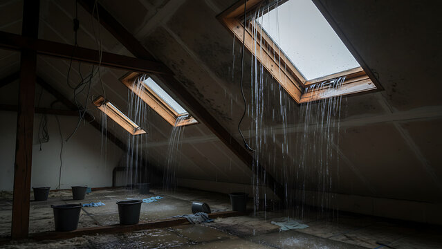 Water leaking from attic roof with visible beams and skylights highlighting water damage risk 38213880 1