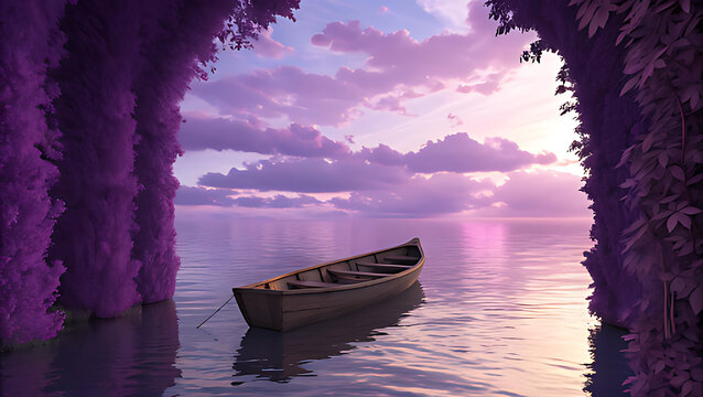 A solitary wooden rowboat floats peacefully on calm water under a dramatic purple and pink sunset sky, framed by lush purple foliage arches