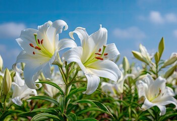 Obraz premium Crisp white lilies blooming in a field under a bright, clear, blue sky on a sunny day