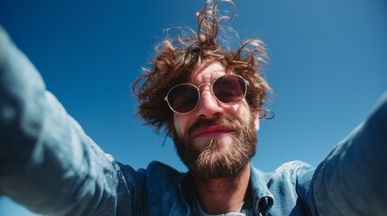 A joyful man with curly hair and sunglasses captures a selfie under a clear blue sky, exuding carefree vibes.