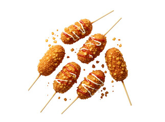 Tasty, crispy Korean-style chunky corn dogs with batter and fried potatoes set against a white background