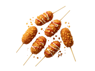 Tasty, crispy Korean-style chunky corn dogs with batter and fried potatoes set against a white background
