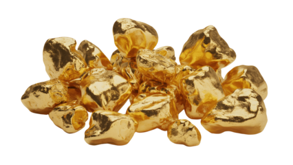 Pile of raw gold nuggets isolated on transparent background