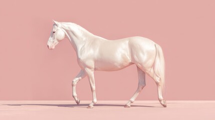 Obraz premium Pearl-colored white horse close-up, soft pink background, studio, silky mane, elegant expression, photorealistic textures, pastel tones, Chinese New Year symbol, postcard banner, zodiac celebration.