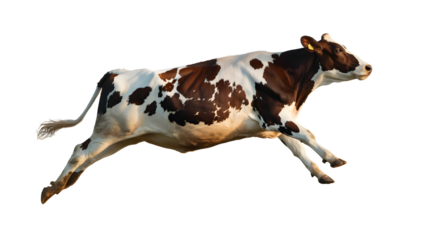 Running brown and white cow isolated on transparent background