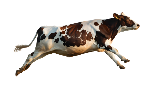 Running brown and white cow isolated on transparent background