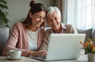 Young woman and her senior mother smile while using laptop together indoors. They appear happy browsing online shopping websites, enjoying family time. Generation bonding over tech.
