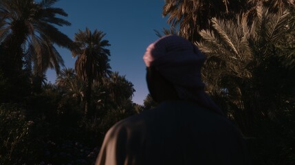 A solitary figure in traditional attire stands in a lush palm oasis under a deep blue evening sky.