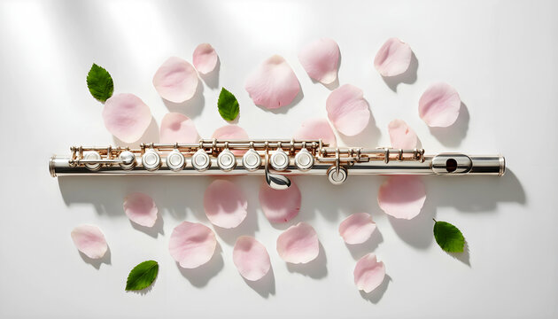 Elegant silver flute with pink rose petals on white background