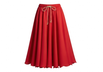 Bright red flowing maxi skirt with a casual drawstring waist detail, perfect for summer fashion and resort wear aesthetics.