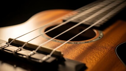 Obraz premium Detailed close-up of a wooden ukulele with focus on its strings, bridge, and soundhole, highlighting the intricate craftsmanship and musical essence for harmony.