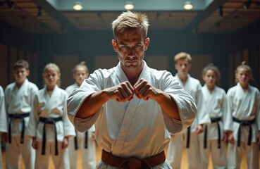 Karate coach demonstrates self-defense techniques in dojo. Group of kids observes attentively. Martial art training session indoors. Instructor shows skills. Focus on leader. Sport class in action.