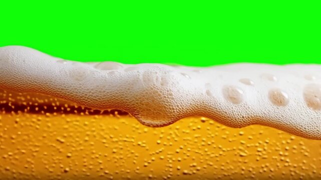 Detail of cold fresh beer on green screen background. Pouring Beer. Fragment of fresh beer with drops. Craft beer. Shallow depth of field with white foam chroma key