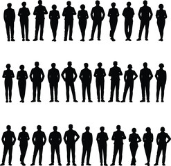 Silhouettes of diverse people standing, black human figures, population concept, diversity illustration, social group, crowd formation, statistical sample, unity