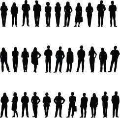 Black silhouettes of diverse people, standing poses, crowd formation, human figures, social diversity, posture variety, population concept, unity illustration