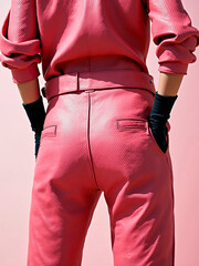 High fashion editorial close-up of a person from behind, showing an intricate monochromatic pink outfit, made entirely of woven leather