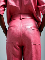 High fashion editorial close-up of a person from behind, showing an intricate monochromatic pink outfit, made entirely of woven leather