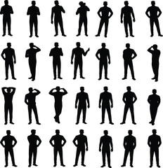 Black human silhouettes, standing poses, body language study, posture variation, gesture design, artistic grid layout, identity concept, movement illustration