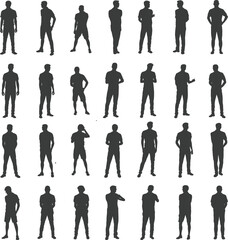 Black human silhouettes, diverse standing poses, gesture variation, posture study, body language design, artistic grid layout, movement illustration, identity concept