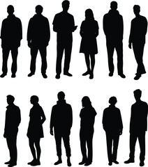 Silhouettes of diverse standing individuals, fashion and posture variety, black figures, human form design, artistic style, visual identity concept