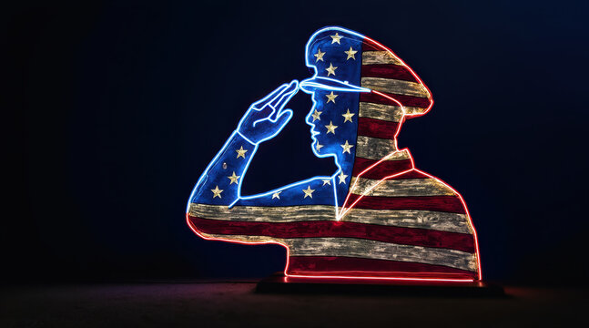 Neon silhouette soldier salute USA flag patriotic tribute luminous art night honor