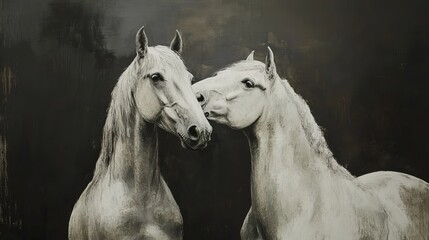 Two horses affectionately embracing in a peaceful natural setting