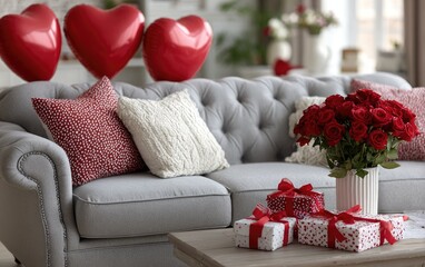 valentine's day concept, heart-shaped balloons and red gift boxes on a sofa in the living room