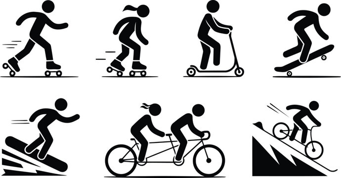 Collection of six dynamic silhouette icons representing various popular outdoor sports and recreational activities