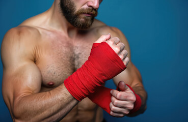 Muscular man wraps hands with red boxing bandages. Fighter prepares for training match. Strong guy prepares for workout. Athlete gets ready for sport, combat, martial arts practice. Fitness,
