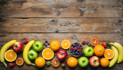 Fresh fruits like berries, apples, bananas, and oranges laid out on a rustic wooden table, a vibrant and healthy arrangement perfect for healthy eating concepts