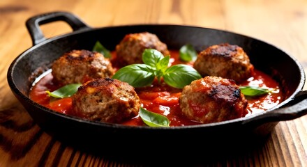 Fototapeta premium Homemade Meatballs in iron cast with sweet and hot tomato sauce basil. On wooden table