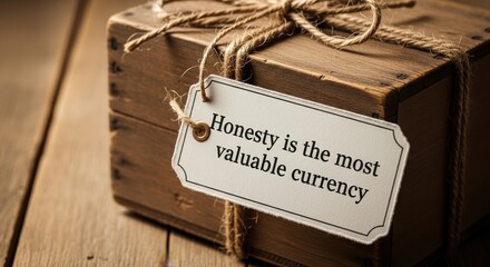 Wooden box with a label showing the quote Honesty is the most valuable currency