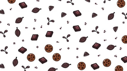Chocolate pieces, cookies, and cocoa beans scattered on white background. Suitable for food blogs, recipes, and social media graphics. 