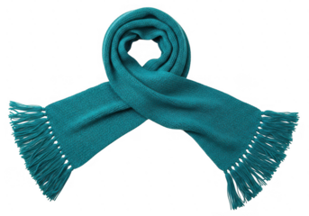 Teal knitted winter scarf with fringes, warm and cozy fashion accessory for cold weather, isolated on background.