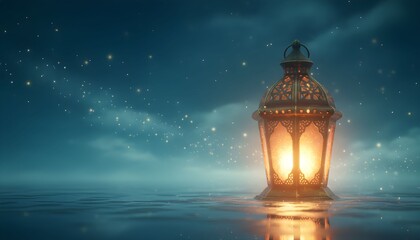 intricate ornate lantern, soft glowing light, reflections on dark water, night sky with stars, atmospheric, cinematic, highly detailed, ethereal, dramatic lighting, photorealistic