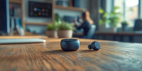 Wireless earbuds charging on wooden desk in modern office with it specialist working
