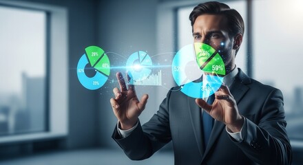 Businessman Interacting With Augmented Reality Charts And Analyzing Financial Data Presentation