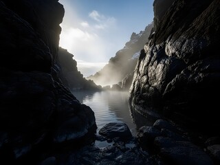 A secluded steaming mineral pool in winter