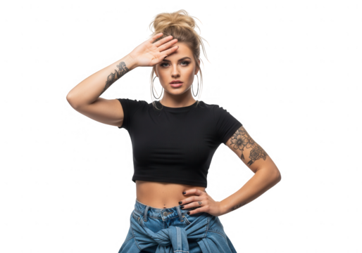 Young tattooed woman with blonde hair bun in black crop top and denim, hand on forehead, looking ahead with serious expression - Powered by Adobe