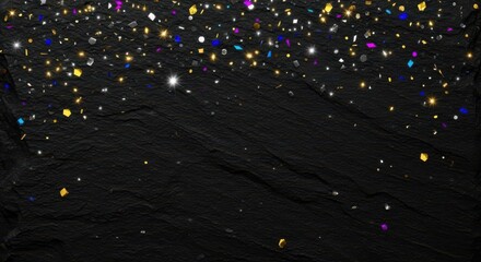 Confetti and glitter on dark black stone background