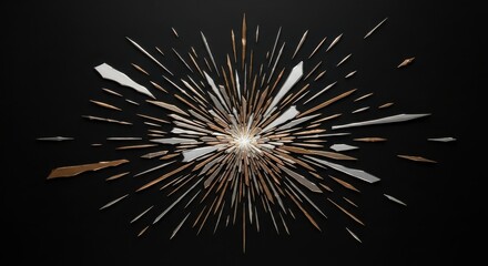 Explosion of metallic shards on dark surface