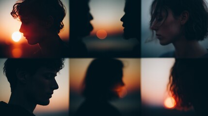 A captivating collage of silhouetted faces against a breathtaking sunset, capturing artistic expressions and serene beauty.
