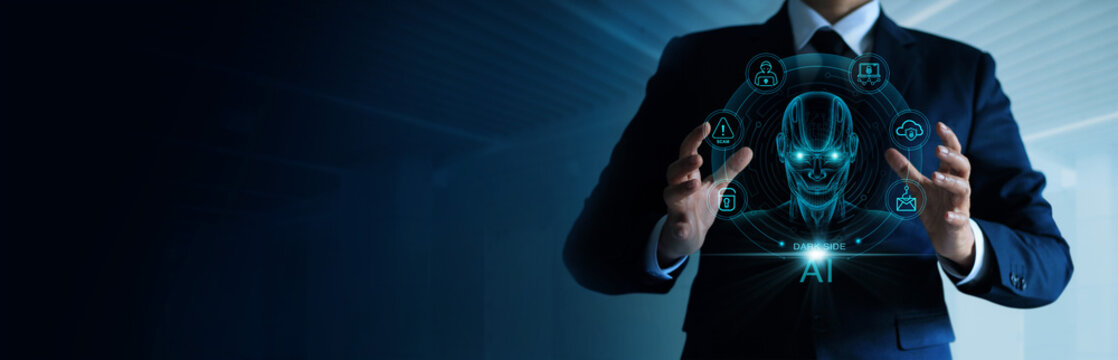 The Dark side of AI Technology and innovation, Businessman protect from digital scam with Ai, Cybercriminal activity, Fraud detection, and technology-based scams using artificial intelligence.