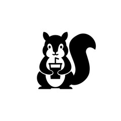 A cute black silhouette illustration of a cartoon squirrel holding a drink with a straw