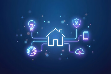 Smart home automation system with connected devices and glowing neon lines